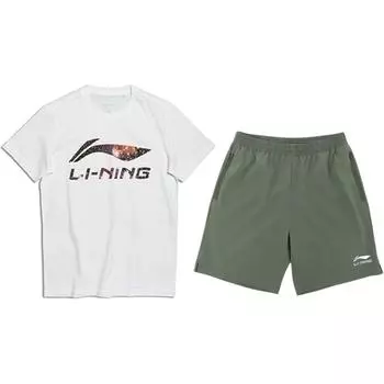 Li-Ning Letter Pattern Printed Fashion Round Neck Pullover Short Sleeve Comfortable Versatile Five-Point Pants Casual Sports Suit AHSS971-3+YKSV147-1 XL