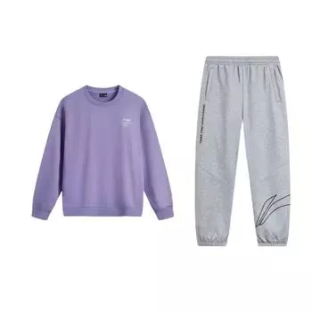 Li-Ning Letter Print Comfortable Crew Neck Long Sleeve Cuffed Fleece Warm Sports Sweatpants Hoodie Set Unisex Sets AKLTD71-4+AWDUF05-2 S