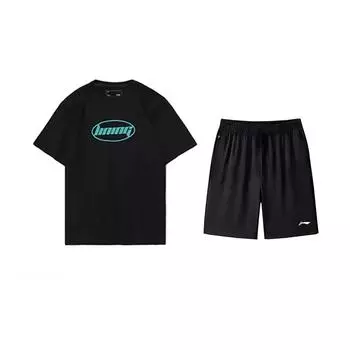 Li-Ning Letter Print Fashion Loose Versatile Round Neck Short Sleeve T-Shirt Casual Sports Suit Unisex Tops AHST465-2+AKSV843-1 L