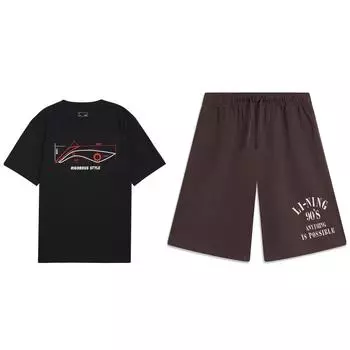 Li-Ning Letter Print Loose Breathable Comfortable Short Sleeve T-Shirt Versatile Five-Point Straight Leg Shorts Casual Sports Set AHSUB01-3+AKSU625-3 L