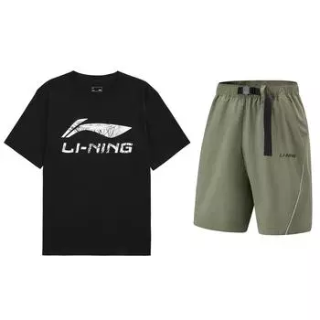 Li Ning Letter Print Loose Short Sleeve Tie Удобные шорты Повседневный спортивный костюм Мужской костюм AHSUB09-2+AKSU603-5 M