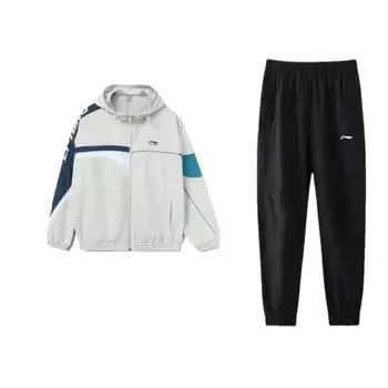 Li-Ning Letter Print Pattern Loose Fit Drop Shoulder Hoodie Long Sleeve Elastic Waist Long Pants Casual Sports Suit Men suit AYKS467-1+YFDT207-1 L