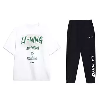Li-Ning Letter Print Quick-Dry Breathable Short Sleeve T-Shirt Comfortable Loose Cuffed Long Pants Casual Sports Suit Men suit AHSU741-1+YYKU181-1 S