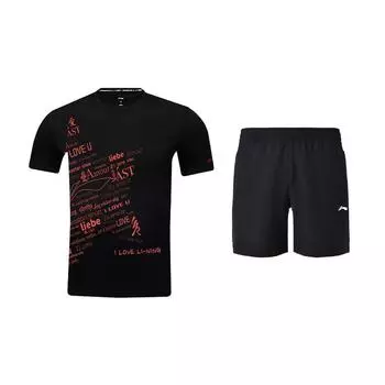 Li-Ning Letter Print Quick-Dry Round Neck Short Sleeve T-Shirt Skin-Friendly Cool Straight Leg Shorts Casual Sports Set AHSV047-1+AKSU789-3 S