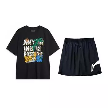 Li-Ning Letter Print Round Neck Pullover Short Sleeve T-Shirt Fashion Cool Breathable Comfortable Shorts Casual Sports Suit AHSU707-1+YKSV197-2 L