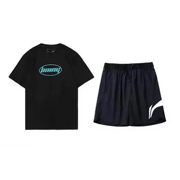 Li-Ning Letter Print Round Neck Pullover Short Sleeve T-Shirt Fashion Loose Breathable Versatile Shorts Casual Sports Suit AHST465-2+YKSV197-2 L