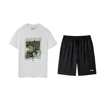 Li-Ning Letter Print Round Neck Pullover Short Sleeve T-Shirt Comfortable Versatile Breathable Shorts Casual Sports Suit AHSVD59-1+AKSV843-1 L