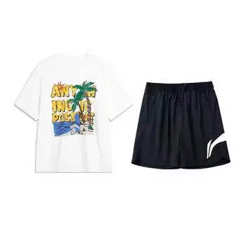 Li-Ning Letter Print Round Neck Pullover Short Sleeve T-Shirt Cool Breathable Comfortable Fashion Shorts Casual Sports Suit AHSU707-2+YKSV197-2 XL