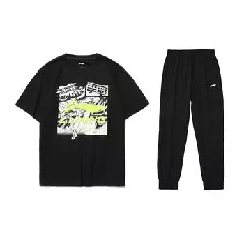 Li-Ning Letter Print Round Neck Pullover Short Sleeve T-Shirt And Elastic Cuffed Long Pants Casual Sports Set Men sets Black AHSUA21-2+AYKR465-1 L