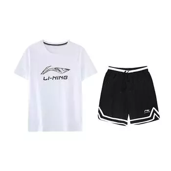 Li-Ning Letter Print Round Neck Short Sleeve T-Shirt Striped Logo Comfortable Shorts Casual Sports Suit Unisex Sportswear YHST165-1+YAPV001-1 M