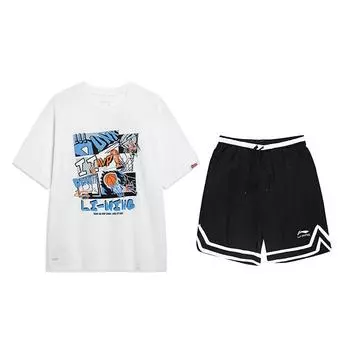 Li-Ning Letter Print Round Neck Short Sleeve T-Shirt Comfortable Striped Shorts Sports Suit Unisex Sportswear YHSU303-1+YAPV001-1 M