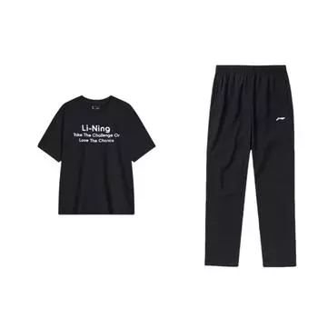 Li-Ning Letter Print Round Neck Soft Comfortable Knitted Short Sleeve Loose Elastic Waist Straight Leg Pants Casual Sports Suit AHSU695-9+AYKT413-1 L