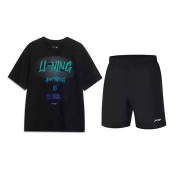 Li-Ning Letter Print Round Neck T-Shirt Loose Fashion Casual Sports Suit Unisex Tops Black AHSU803-2+YKST119-1 L