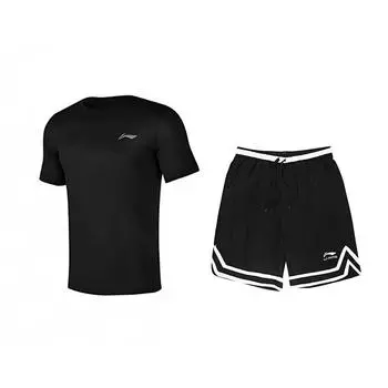 Li-Ning Letter Round Neck Breathable Short Sleeve Fashion Comfortable Shorts Casual Sports Suit Unisex suit Black YTSU145-2+YAPV001-1 M
