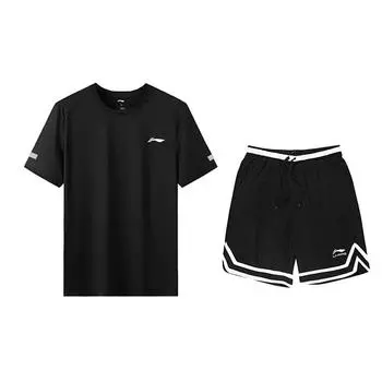 Li-Ning Letter Round Neck Loose Shoulder Short Sleeve T-Shirt Breathable Fashion Shorts Casual Sports Suit Unisex suit Black YTSU163-3+YAPV001-1 M