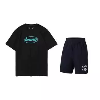 Li-Ning Letter Round Neck Versatile Short Sleeve Solid Color Comfortable Fashion Casual Sports Suit Unisex suit Black AHST465-2+AKYT073-1 M