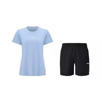 Li-Ning Lightweight Soft Breathable Solid Color Slim Fit Waist Sports Short Sleeve Versatile Quick Dry Shorts Casual Set ATSV616-2+AKSUA22-1 S