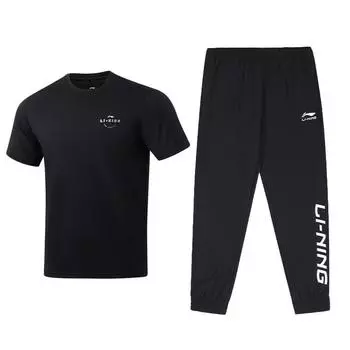 Li-Ning Lightweight Summer Quick-Dry Short Sleeve T-Shirt And Mid-Waist Cuffed Pants Casual Sports Set Men sets Black ATSU817-1+AYKU909-1 S
