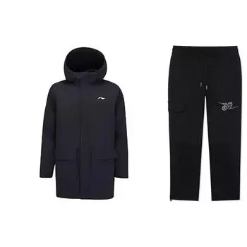 Li Ning Logo Print Hooded Windproof warm Cotton Jacket Comfortable Drawstring Брюки Casual Sports Suit Men suit Black AFDSB87-2+AKXR589-1 S
