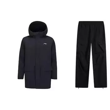 Li Ning Logo Print Hooded Windproof warm Cotton Jacket Solid Color Long Брюки Casual Sports Suit Men suit Black AFDSB87-2+AYKU717-4 S