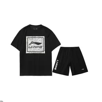 Li-Ning Logo Print Loose Round Neck Short Sleeve T-Shirt And Loose Straight Leg Five-Point Shorts Casual Sports Set Men sets Black AHSUA15-2+AKSU747-1 L