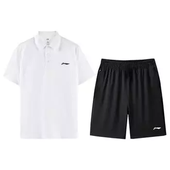 Li Ning Logo Print Quick-Dry Loose Polo Short Sleeve Mid Belt Belt Shorts Lace Backwear Casual Sports Set Unisex Sets APLU799-1+AAPU225-1 XXXL