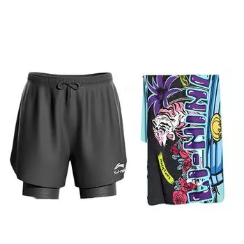 Li Ning Logo Print Quick-Dry Professional Anti-Embarsagement Boxers Swim Trunks Bath Towel Swimwear Men swimwear 607+887 M