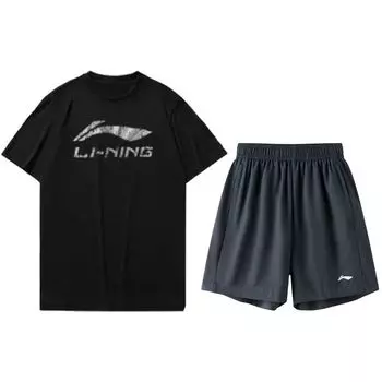 Li Ning Logo Short Sleeve Shorts Casual Sports Suit Men suit Black Ink-Gray ATST631-1+AKST633-3 L