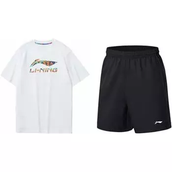 Li Ning Логотип Буква Круглый вырез Пуловер Футболка с коротким рукавом и прямые шорты Повседневный спортивный комплект Мужские комплекты AHST635-1+AKST633-1 XL