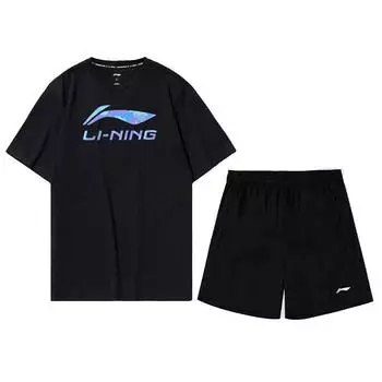 Li Ning Логотип Принт Круглый вырез Пуловер Повседневный спортивный костюм Мужской костюм Черный AHST685-1+AAPT563-1 L