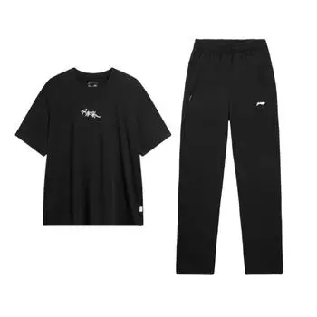 Li Ning Логотип с принтом, круглым вырезом, заниженной линией плеч, свободный, с коротким рукавом, эластичный пояс, длинные брюки, повседневный спортивный костюм, мужской костюм, черный YYKU143-1+AHSU321-4 S
