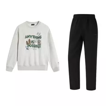 Li-Ning Loose Comfortable Printed Round Neck Sweatshirt And Pants Casual Sports Suit Men sweatshirt and pants AYKU519-1+AWDUF86-1 S