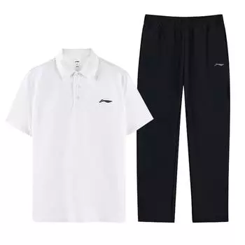 Li-Ning Loose Fit Pullover Short Sleeve Polo Shirt Mid Waist Thin Elastic Long Pants Casual Sports Set Unisex Sets APLU799-1+AYKT653-1 XL