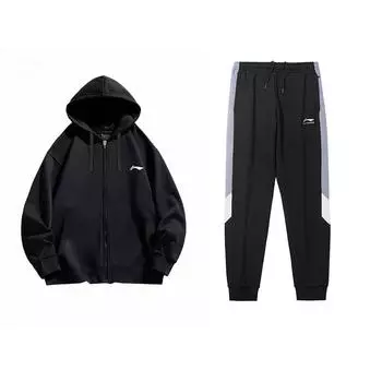 Li-Ning Minimalist Brand Logo Hooded Zip-Up Long Sleeve Sweatshirt And Drawstring Long Pants Casual Sports Set YWDU347-1+AKLT607-1 M