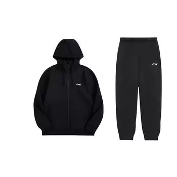 Li-Ning Minimalist Brand Logo Printed Hoodie Long Sleeve Sweatshirt With Cuffed Casual Sports Suit Unisex Tracksuit Black AWDUH53-1+AKLSG35-1 L