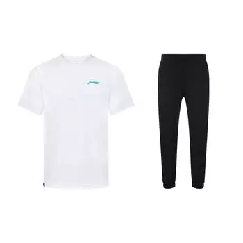Li-Ning Minimalist Brand Logo Round Neck Pullover Short Sleeve Quick-Dry Thin Long Pants Casual Sports Suit Unisex suit AHST347-3+AYKS419-1 M