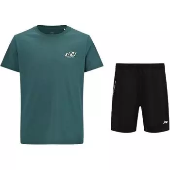 Li-Ning Minimalist Breathable Cool Round Neck Short Sleeve Versatile Straight Cut Split Quick Dry Shorts Casual Sports Suit ATSV607-3+AAPU133-1 S