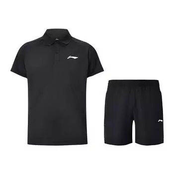 Li-Ning Minimalist Daily Breathable Comfortable Polo Short Sleeve Solid Color Versatile Quick-Dry Cool Shorts Casual Sports Set APLU961-1+AKSU789-3 M