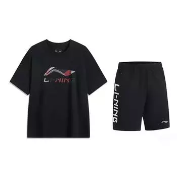 Li-Ning Minimalist Solid Color Pullover Comfortable Fashion Short Sleeve Casual Sports Suit Unisex suit Black AHSV161-2+YKSV115-1 S