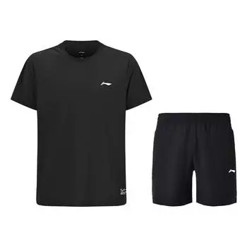Li-Ning Minimalist Solid Color Pullover Quick-Drying Breathable Short Sleeve Tie-Up Dirt-Resistant Shorts Casual Sports Suit ATSV615-1+AKSU789-3 S