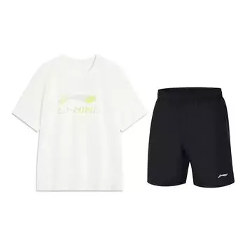Li Ning Минималистичный Универсальный С круглым вырезом Короткий рукав Однотонный Шорты средней посадки Повседневный спортивный костюм Костюм унисекс AHSV161-1+YKST119-1 XL