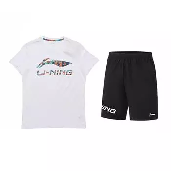 Li-Ning Модная футболка с надписью, круглым вырезом и короткими рукавами и шорты средней посадки, повседневный спортивный комплект, унисекс комплекты AHSUA19-1+YKSV113-1 M