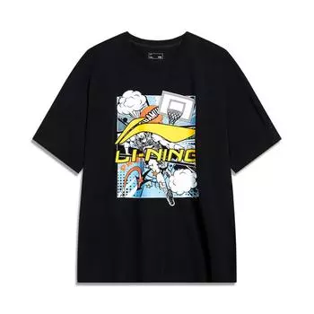 Li-Ning Модная повседневная футболка с коротким рукавом и большим логотипом из мультфильма, мужские топы, черный AHSU805-1 L