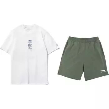 Li-Ning Модный тренд с цветочным принтом и надписью, пуловер с круглым вырезом и короткими рукавами, шорты с высокой талией и завязками, повседневный спортивный костюм, унисекс, AHSU971-2+YKSV147-1 S