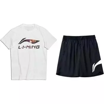 Li-Ning Модный удобный пуловер с круглым вырезом и короткими рукавами с принтом в виде букв, универсальные шорты, повседневный спортивный костюм AHSS971-3+YKSV197-2 XL