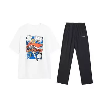 Li Ning Мультфильм Аниме Принт Узор Прямой Пуловер Короткий Рукав Топ Удобный Однотонный Длинные Брюки Повседневный Спортивный Костюм AHSU805-2+AYKU703-1 M