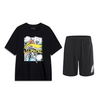 Li Ning Мультяшный Большой Логотип Модный Удобный Модный Повседневный Спортивный Костюм с Коротким Рукавом Унисекс костюм Черный YHSU221-1+YKSU157-2 L