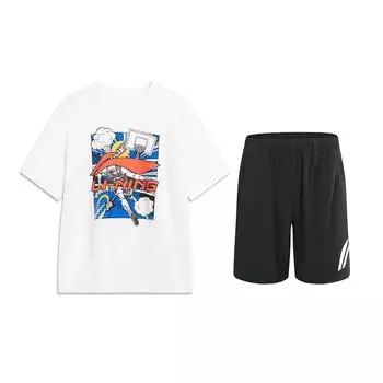 Li Ning Мультяшный Большой Логотип Буквы Круглый Вырез Удобный Модный Короткий Рукав Повседневный Спортивный Костюм Унисекс костюм YHSU221-2+YKSU157-2 S