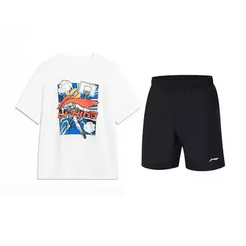 Li Ning Мультяшный Большой Логотип Круглый Вырез Короткий Рукав Спортивный Повседневный Комплект Унисекс комплекты Белый Черный YHSU221-2+YKST119-1 L