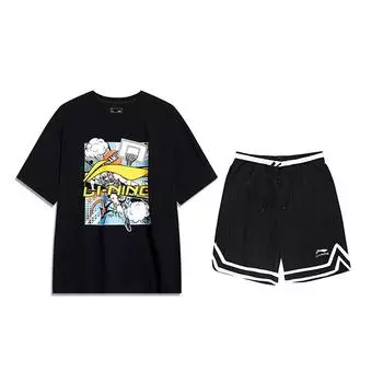 Li Ning Мультяшный Большой Логотип Буквы Круглый Вырез Короткий Рукав Средняя Посадка Шорты Пятиточки на Кулиске Повседневный Спортивный Костюм Костюм Унисекс AHSU805-1+YAPV001-1 M